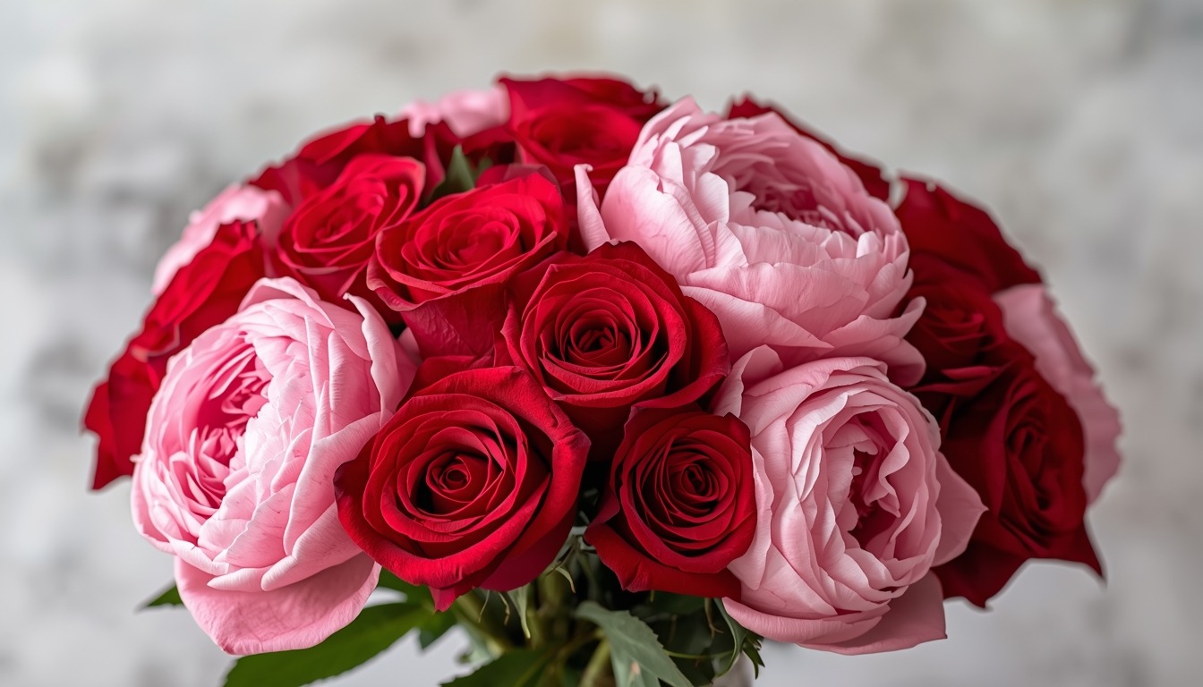 Romantisk buket med røde roser og lyserøde pæoner