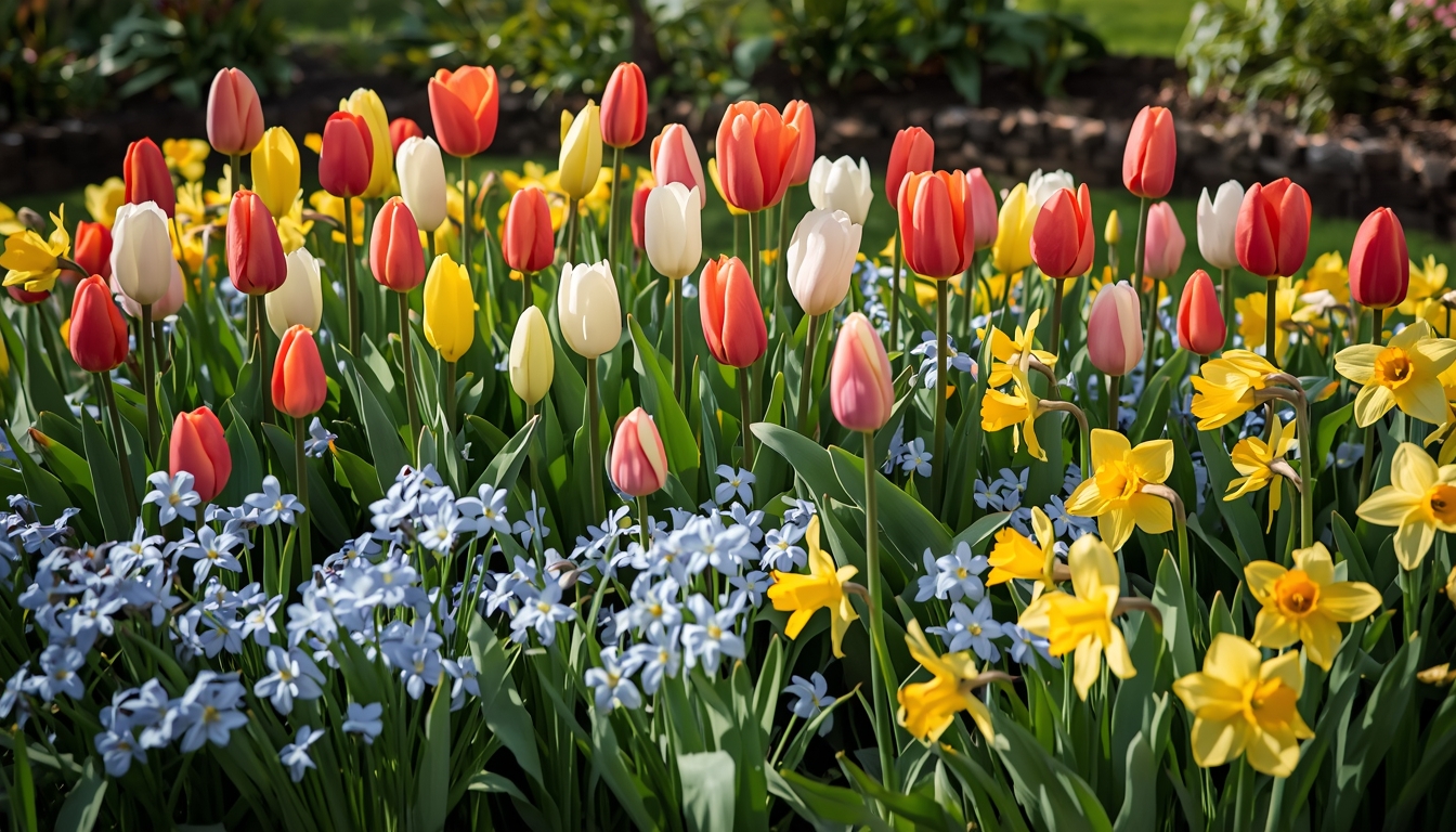 Forårshave arrangement med tulipaner og påskeliljer