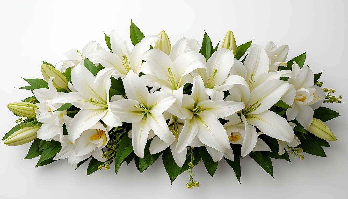 Elegant arrangement med hvide liljer og orkideer